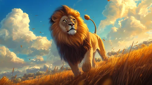 Backlit lion strides through golden savanna under volumetric clouds
