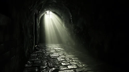 Stone corridor with window light rays on wet floor surface.