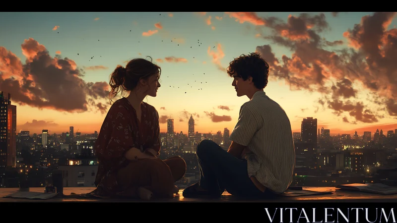 Urban Rooftop Connection: Silhouetted Couple Against Golden Cityscape Sunset