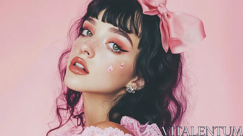 Porcelain Dreams in Pink: Girl with Bow and Nostalgic Charm