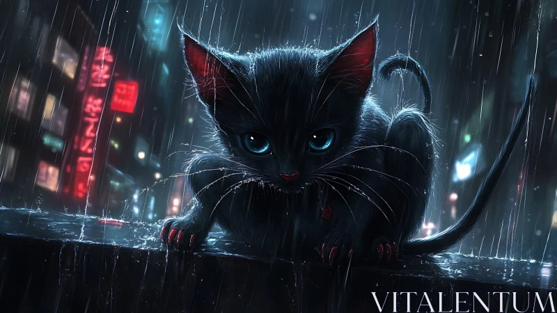 Neon rain alley kitten in cinematic cyberpunk lighting.