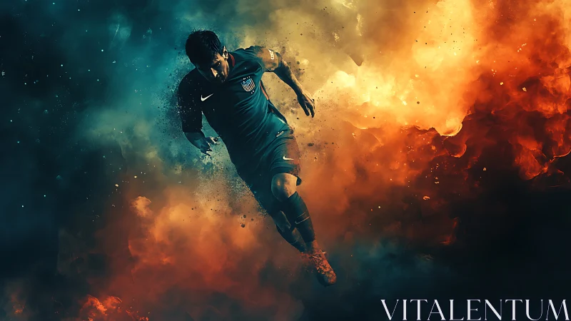 Soccer striker racing through clouds of fire and smoke.