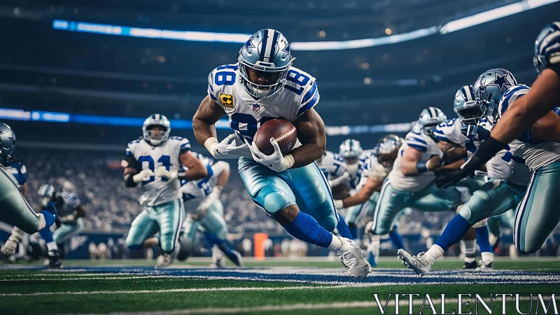 Running back dives through goal line in packed stadium.