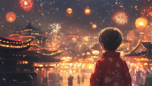 Child in red coat watches festival fireworks over lantern-lit town.