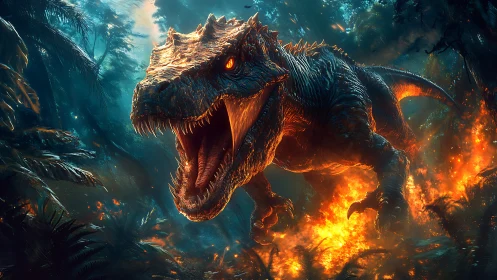 Bioluminescent tyrannosaur charging through incendiary jungle