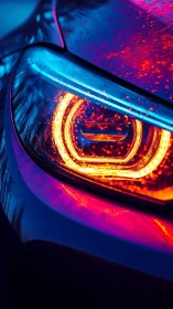 Neon raindrops glowing on a sleek car headlight at dusk.