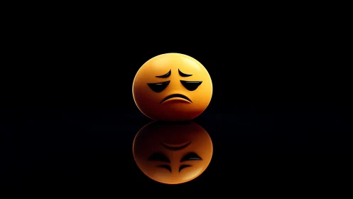 Sad reflective emoji rests in darkness and glows softly.