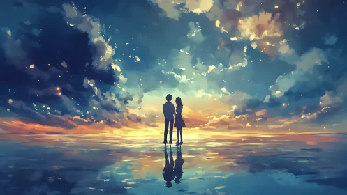 Silhouetted couple stand on mirrored shore under vast sunset sky