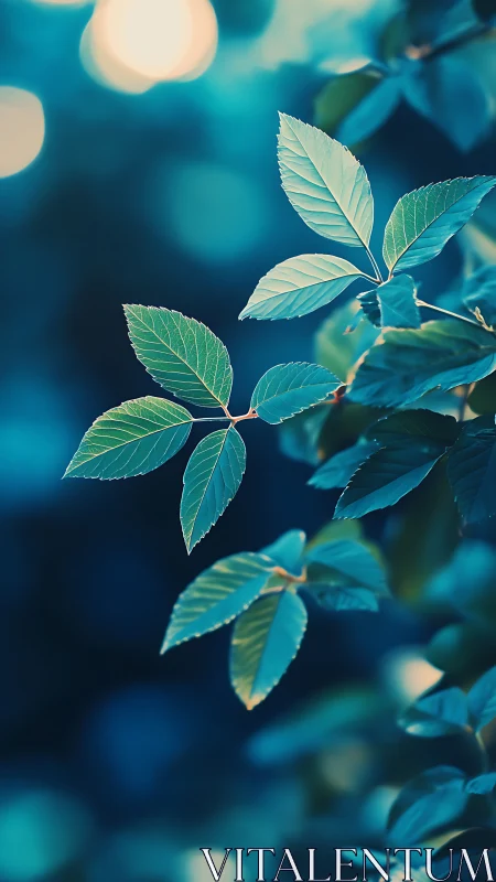 Leaf cluster study in teal bokeh with shallow depth of field.