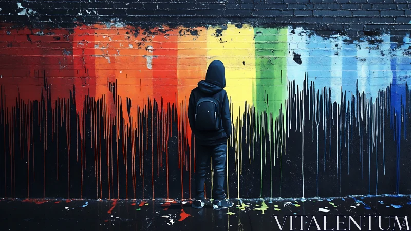 Hooded figure studies dripping rainbow graffiti wall at night.
