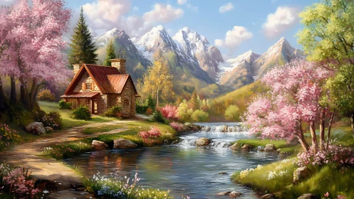 Cozy riverside cottage cradled by blossoms and mountains.