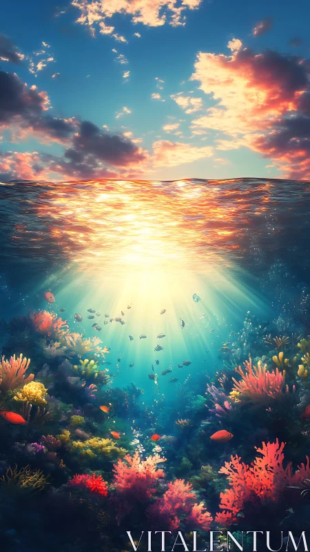 Sunlit coral reef beneath glowing sunset waves.