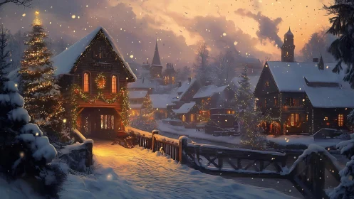 Snow-covered village street with illuminated winter houses.