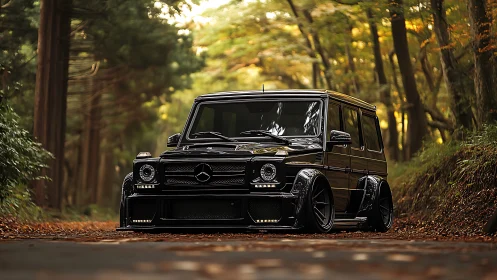 Widebody black G‑Class SUV with stance kit in forest lane.