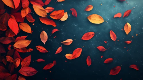 Autumn leaves drifting over dark textured water surface.