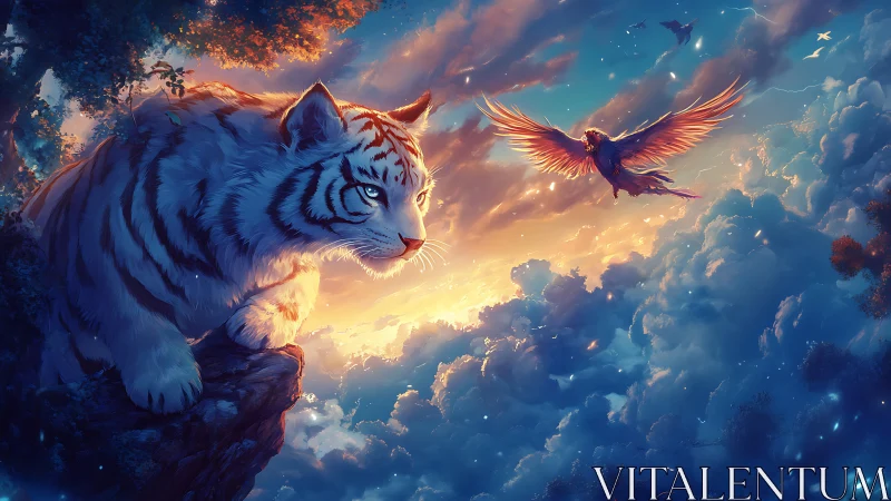 White Tiger Majestic Perch: Sunset Sky Encounter with Phoenix