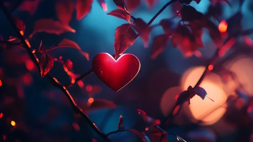 Illuminated red heart suspended among glowing branches.