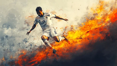 Fiery soccer striker diving through explosive orange blaze.
