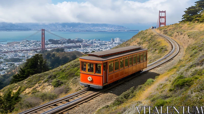 Vintage hill tram ascends coastal track toward suspension bridge