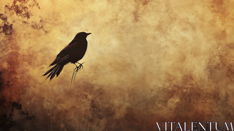 Silhouetted songbird against textured sepia sky plane.