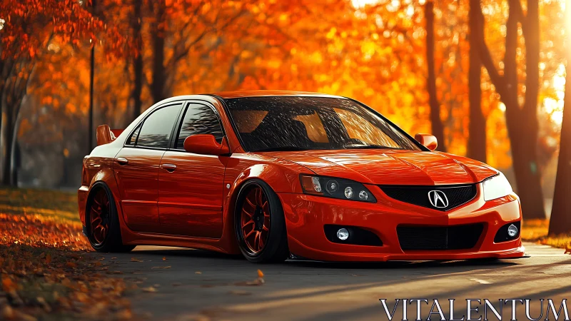Lowered red Acura sedan parked on autumn tree-lined road.