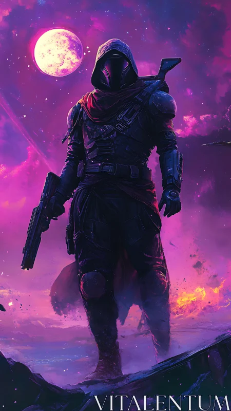 Armored hooded figure with rifle on neon alien landscape.
