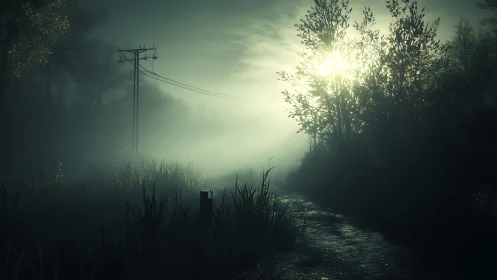 Misty Forest Road With Power Lines At Sunrise