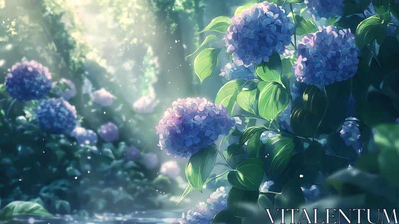 Hydrangea inflorescences in volumetric forest backlighting.