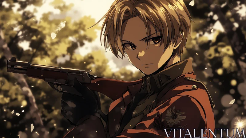 Autumn standoff with a calm, determined anime guardian.