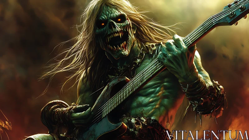 Undead metal guitarist roaring through apocalyptic inferno.