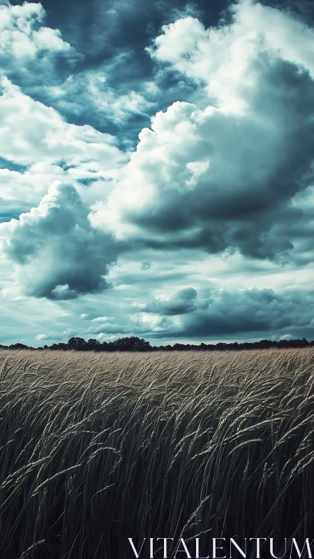 Storm-lit grain field rises beneath dense cumulonimbus sky