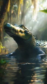 Crocodile partially submerged in sunlit forest waterway