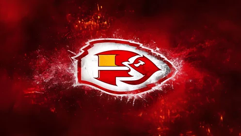 Red splatter emblem with stylized arrowhead logotype design.