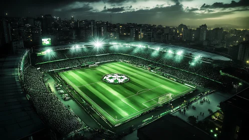 Glowing city stadium under evening sky welcomes fans.