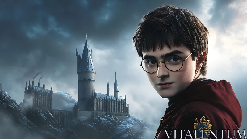 Young robed figure stands before large castle in mist