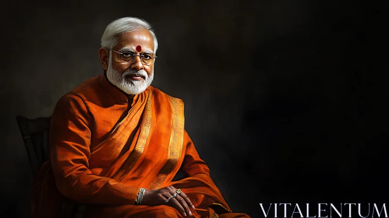 Elderly Hindu guru in orange robes sits against dark void