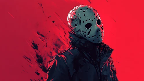 Masked figure in dark jacket on stark red abstract field.