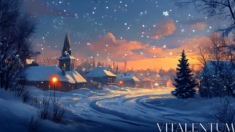 Snow-lit village street curves under dusk sky with glowing lamps