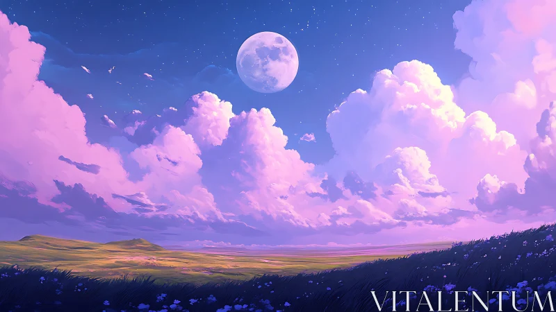 Moonlit lavender clouds rise over quiet twilight meadow