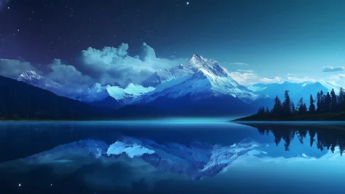 Moonlit alpine lake reflects snow peaks and starry sky