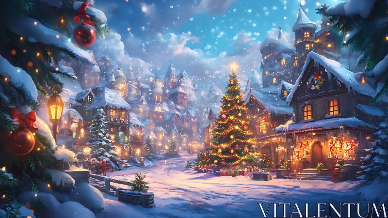 Snow-laden festive village with luminous central Christmas tree.