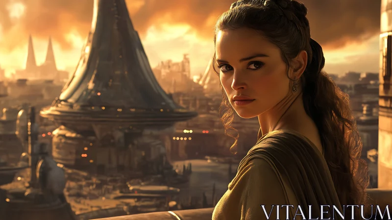 Woman stands before futuristic city under orange sky