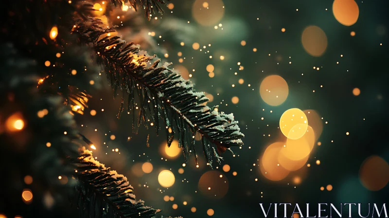 Snowy fir branch glows against warm golden holiday bokeh
