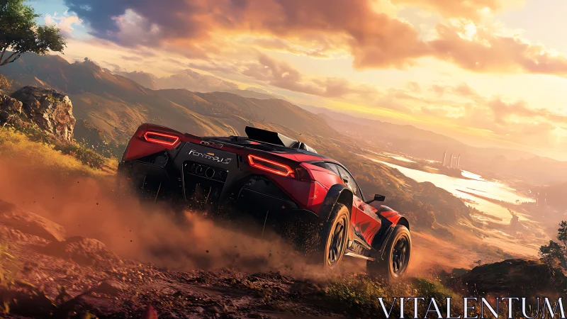 Red off-road sports car on dusty mountain trail at dusk.