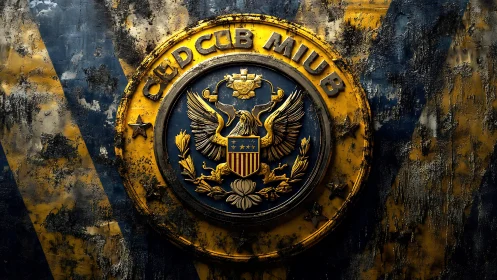 Weathered eagle emblem on circular metallic medallion wall.