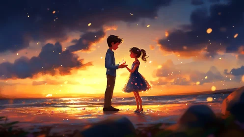 Sunset shore captures two young hearts sharing gentle wonder