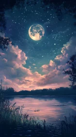 Moonlit lake glows beneath dreamy pastel twilight clouds.