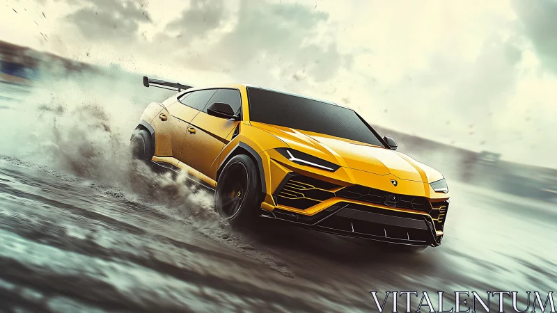 Yellow super SUV powers through wet drift corner at speed.