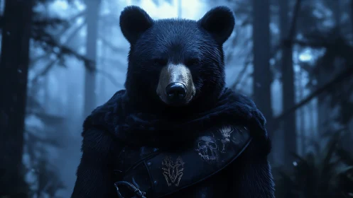 Armored black bear warrior in misty blue forest at dusk.