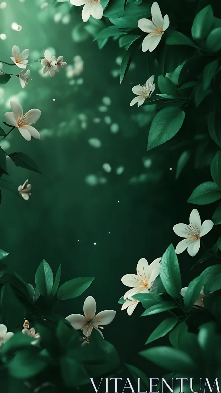 White Jasmine Blossoms Framed by Verdant Foliage.